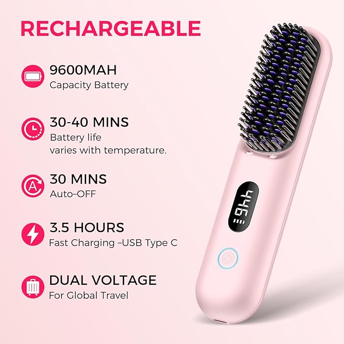 Cordless Hair Straightener Brush, Portable Straightening Brush for Travel, Mini Ionic Hot Comb with 9 Temperature Settings, Rechargeable Heated Straightening Comb, Dual Power, Gifts for Women Her