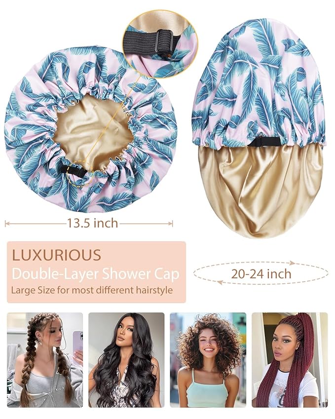 Shower Caps for Women Waterproof Reusable… (Pink Palm)