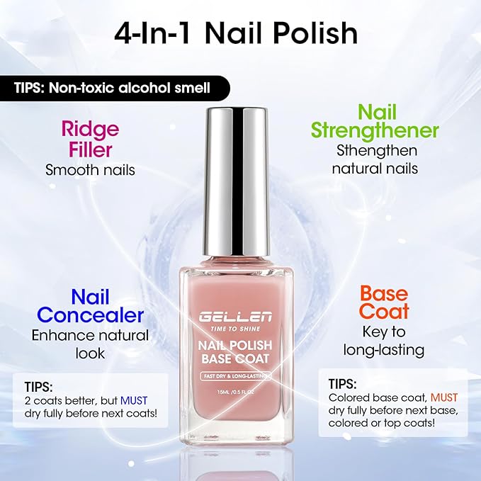GELLEN 4‑in‑1 Clear Nail Polish Base Coat Sheer Tinted Natural Pink, Ridge Filler, Nail Strengthener & Concealer, Calcium Formula Strengthens Nails, Enhances Natural Look, No HEMA, Anti-yellowing