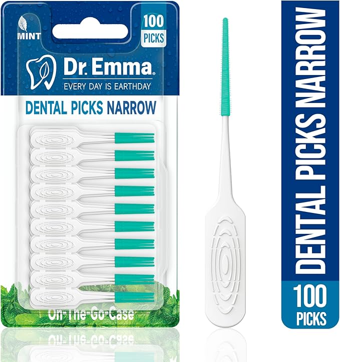 Dr. Emma Dental Picks Narrow Space Mint Soft Rubberized Tooth Picks Tight Floss Pick Easy to Use Brush Picks for Teeth Cleaning and Gum Health 100Ct/Pack, 4 Pack(400Ct)