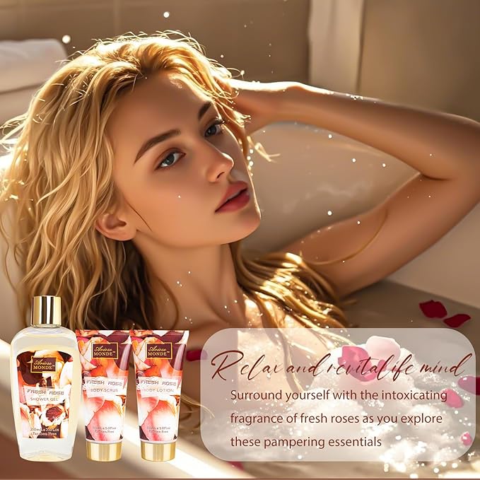 Fresh Rose Spa Gift Set for Women, 8-Piece Relaxing Bath Set with Shower Gel, Bubble Bath, Body Lotion, Self Care Gift for Any Occasion, Birthday Gifts for Women, Spa Kit for Mom Gifts