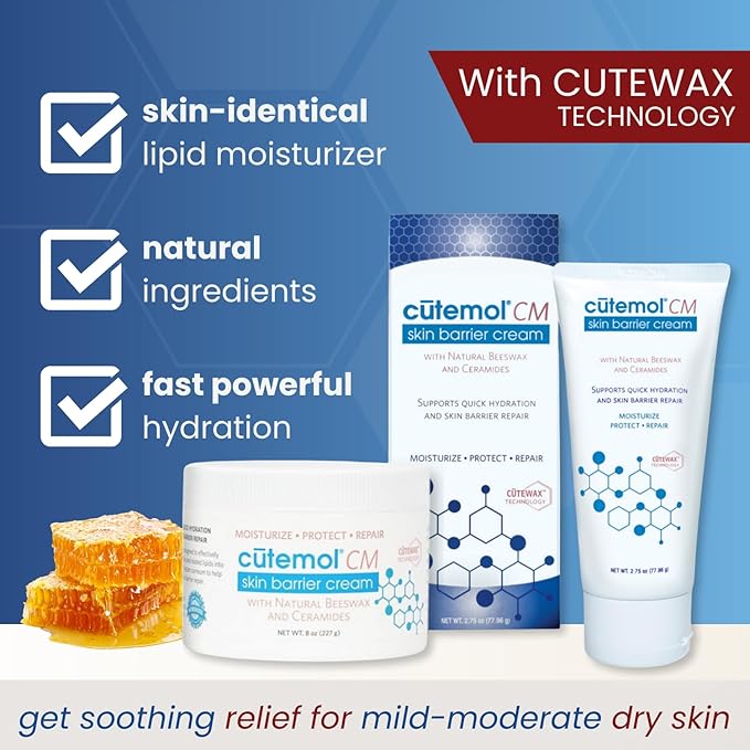 Cutemol CM Emollient Cream - Natural Beeswax & Ceramides for Dry, Damaged Skin (2.75 oz)
