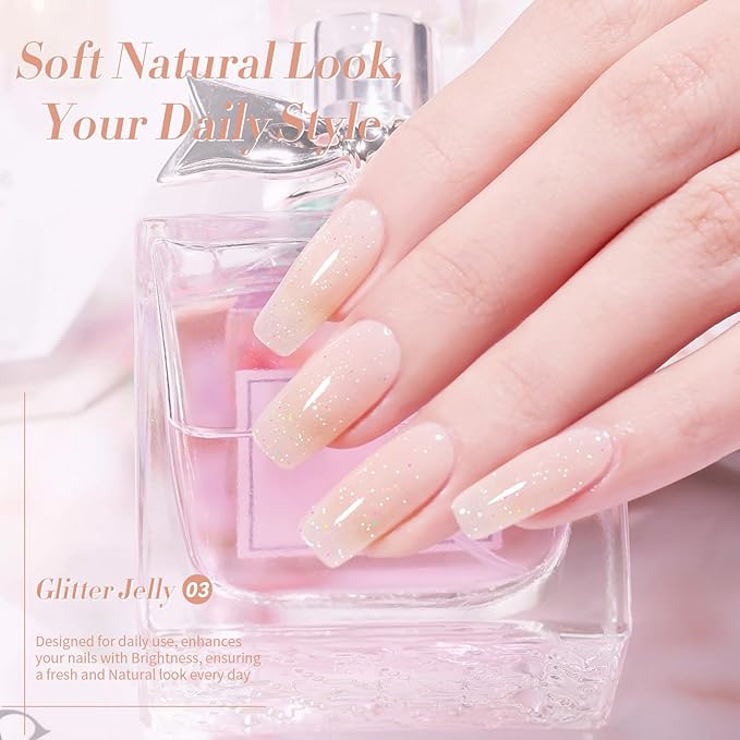 BORN PRETTY Jelly Gel Nail Polish Jelly Glitter Nude Pink Gel Polish Holographic Shimmer Nude Pink Natural Translucent Soak Off Hema-Free Gel Polish Nail Art DIY 15ML