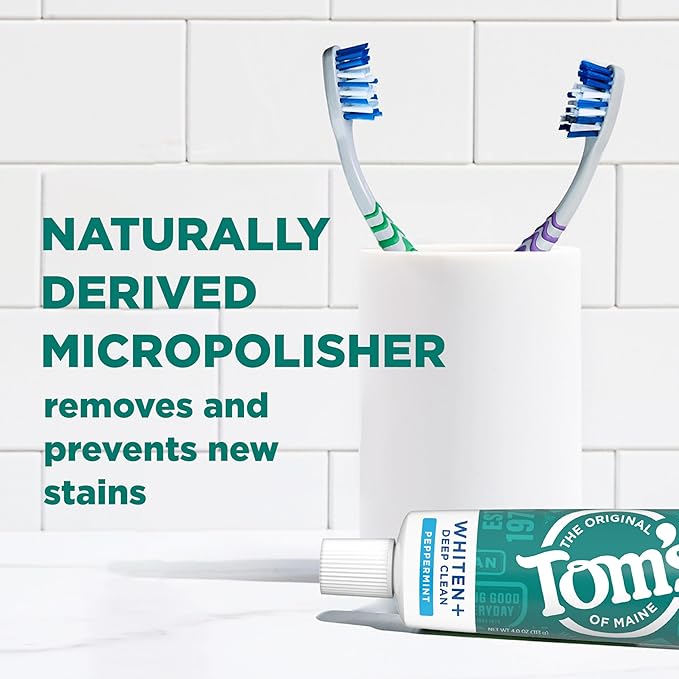 Tom's of Maine Whiten Plus Deep Clean Whitening Toothpaste, Natural Whitening Toothpaste with Plant-Based Cleansers, Enamel Safe, Whitens Without Causing Sensitivity, Peppermint, 4.0 oz (Pack of 3)