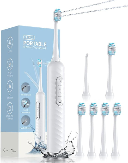 Electric Toothbrush with Water Flosser – 2-in-1 Teeth Cleaning Kit, Electric Toothbrush and flosser Combo,Toothbrush with 3 Cleaning Modes,Portable Water flosser Design for Home & Travel (White)