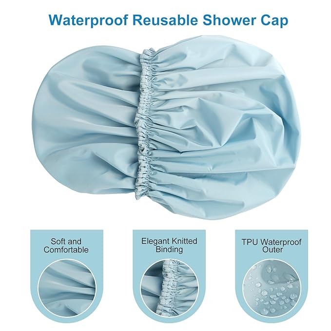 Shower Cap for Women, Double Layer Waterproof Bath Cap, Reusable Hair Protector, Large Waterproof Shower Bonnet Washable Elastic Band Bath Hair Hat for Long Hair, Braids， - Blue