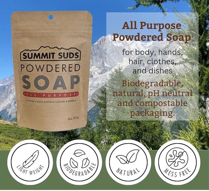 Outdoor Powdered Soap - Light Weight Backpacking soap for All Outdoor Recreation Like Hiking and Camping.