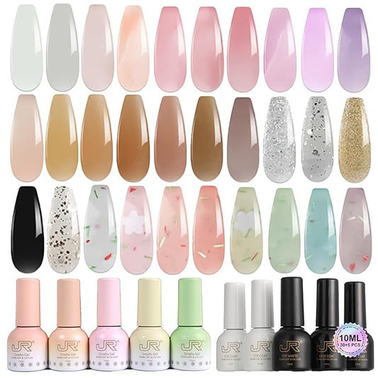 JR 35pcs 10ml Gel Nail Polish Jelly Series Red Pink Nude Gel Polish Set Base Top Matte Coat For Nail Salon Home Gifts for Women and Girls D Set