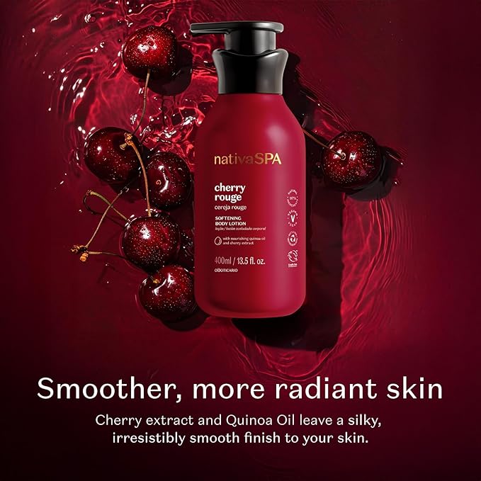 O Boticário Nativa SPA Cherry Rouge Velvety Body Lotion, Bold Oriental Amber Fragrance with Cherry Extract & Quinoa Oil, Collagen Boosting Hydration, 13.5 Ounce (400ml)
