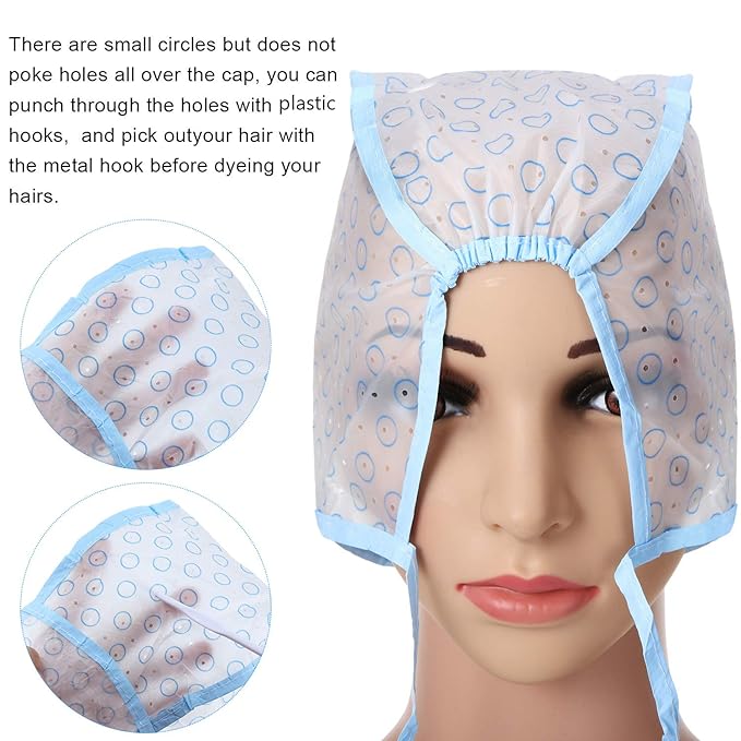 6 Pieces Highlighting Cap Hair Frosting Cap Highlight for Dye Color Bleach with Plastic Hooks Hair Coloring Salon Hairdressing Tool Kit Supplies(Blue)