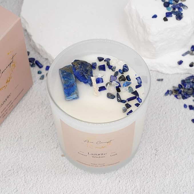 Healing Crystal Candle, Scented Candle Infused Lazurite Clear Quartz Crystals, Amber Ocean Scented, Positivity Energy, Cleansing Wellness, Gift for Women, Aromatherapy Clean Vegan 10Oz Jar