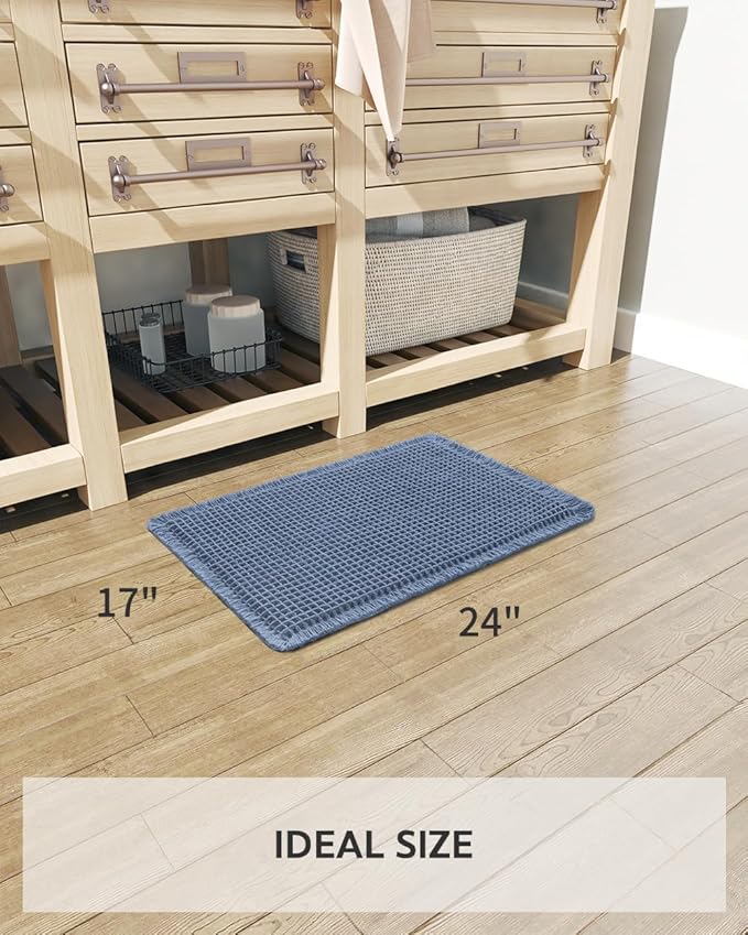 tchdio Waffle Bath Mat, Super Absorbent Non Slip Bath Mats for Bathroom, Ultra Soft Bathmat, Machine Washable, Blue, 17" x 24"