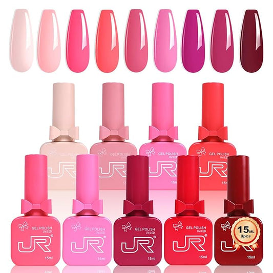 JR 9pcs 15ml Gel Nail Polish Set Red Pink Gel Polish Kit Nude Pink Gel Polish Nail Art Manicure Salon DIY Soak Off UV LED Nail Gel Kit DIY Art Manicure