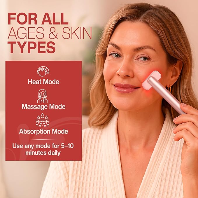 Face Massager 7 in 1 LED Red Light Wand for Face, Neck & Eye – Rose Gold with Activating Serum | Portable Skincare Device Rechargeable Beauty Tool