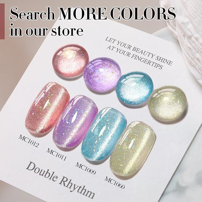 Double Rhythm 0.5 OZ Cat Eye Gel Polish with Magnet 15ML Holographic Glitter Shimmer Translucent Jelly Color Magnetic Nail Polish Salon DIY at Home (MC1060)