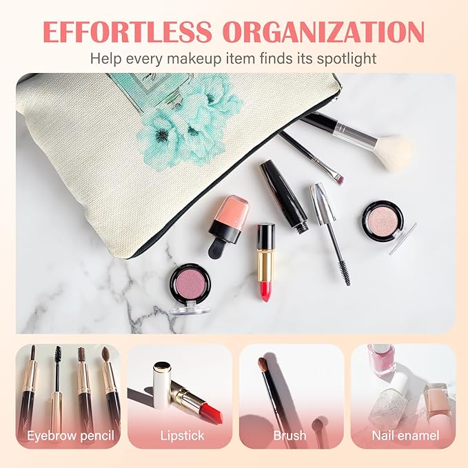 Trendy Teal Makeup Bag for Women, Fashion Turquoise Floral Perfume Bottle Modern Aesthetic Cosmetic Bag for Purse, Preppy Girly Turquoise Makeup Zipper Pouch