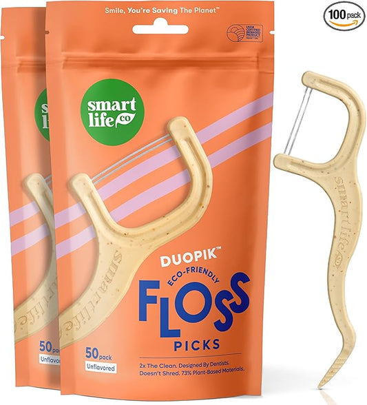 SmartLifeco Eco-Friendly Dual-Thread Dental Floss Picks (100ct) - Flossers Made with Straw Wheat Blend, Superior Anti-Shred for Tight Gaps, Tooth Pick Stick for Adults, Soft on Gum & Teeth, Unflavored