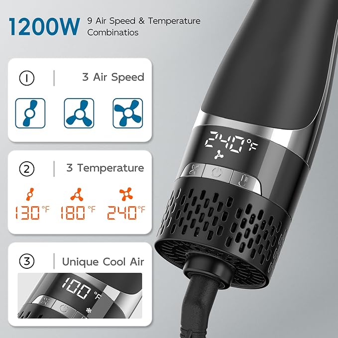 Hair Dryer Brush with Display Screen, Blow Dryer Brush for Women Fast Drying & Styling | Oval Ceramic Barrel, Negative Ion Technology, 3 Heat & 3 Speed Settings, Cold Shot, ALCI Plug (Black & Silver)