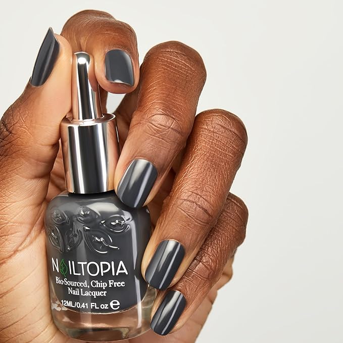 Nailtopia - Plant-Based Chip Free Nail Lacquer - Non Toxic, Bio-Sourced, Long-Lasting, Strengthening Polish - Back to Basics (Dark Grey) - 0.41oz
