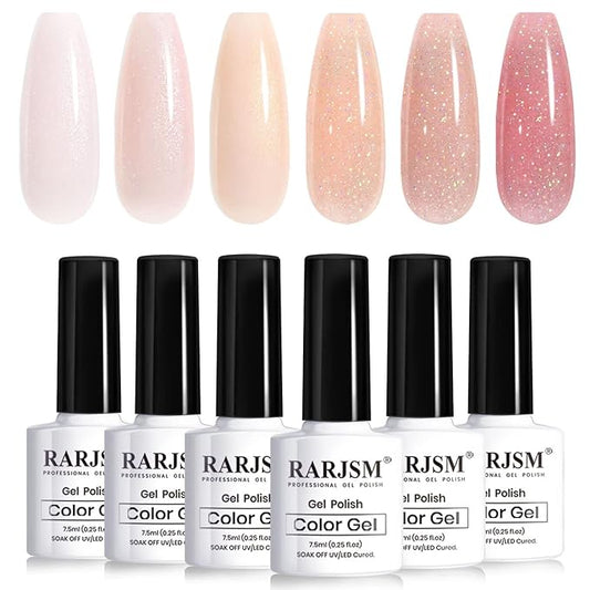 RARJSM Nude Glitter Gel Polish Set 6pcs Shimmery Jelly Nail Polish Iridescent Sparkly Pink Purple Apricot Beige Translucent Natural Skin Tone Color 7.5ml Soak off UV LED Cured