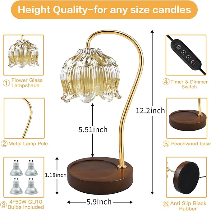 Dimmable Flower Candle Warmer Lamp, Gold Candle Warmer with Timer & 4Bulbs, Womens Gifts for Christmas Birthday, Unique Home Decor for Bedroom Living Room Decor Aesthetic