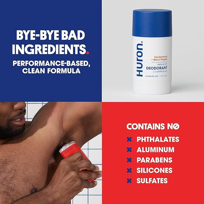 Huron Men’s Deodorant - Dermatologist & Clinically Tested 48 Hour Odor Protection - Aluminum Free Deodorant - 3.2 Oz - Sea Salt & Driftwood (Pack of 2)