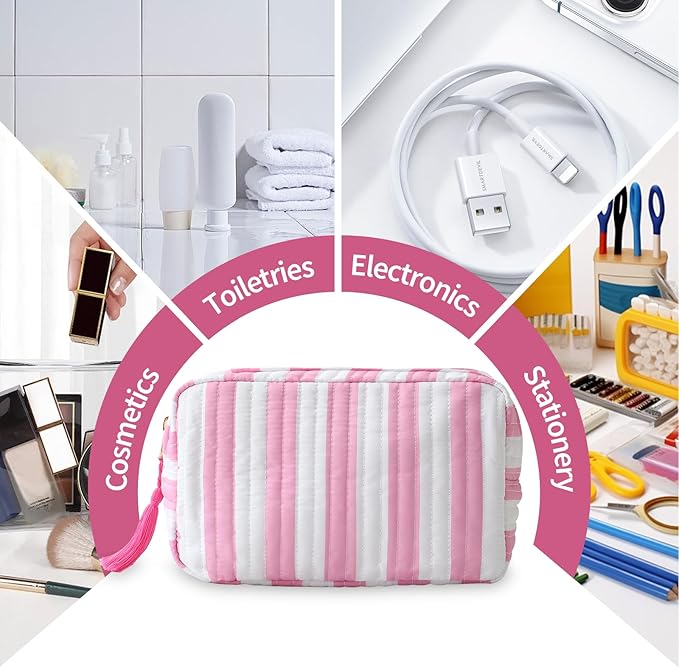 Quilted Makeup Bag for Women, Stripe Cosmetic Pouch with Tassel Zipper Travel Toiletry Organizer (White-Pink)