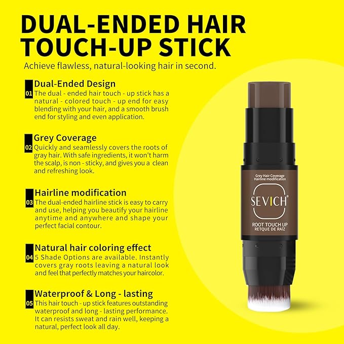 SEVICH Dual-Ended Root Touch Up Stick - Waterproof Hairline Enhancer for Sparse Hairlines & Gray Coverage, Non-Sticky Scalp Concealer with Beeswax, Instant Volume & Natural Look (Dark brown)