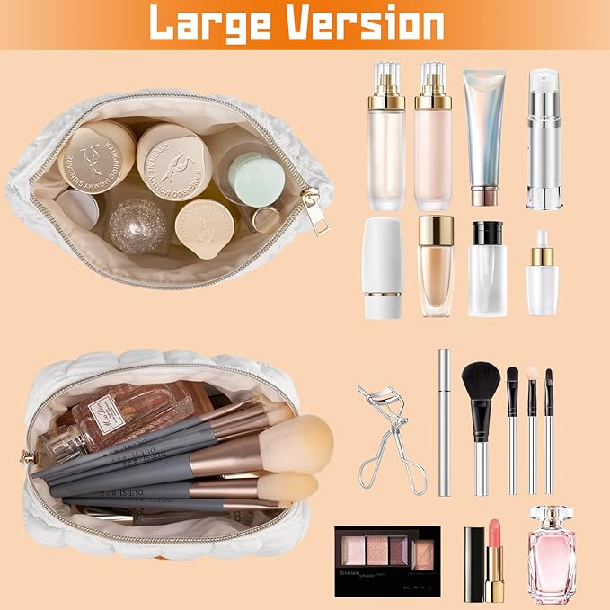 2PCS Initial Checkered Makeup Bag, Large Quilted Cosmetic Bag, Cute Make up Pouch for Purse, Travel Toiletry Storage Bag for Women Preppy Teen Girls Gift Trendy Stuff Gift (White A)