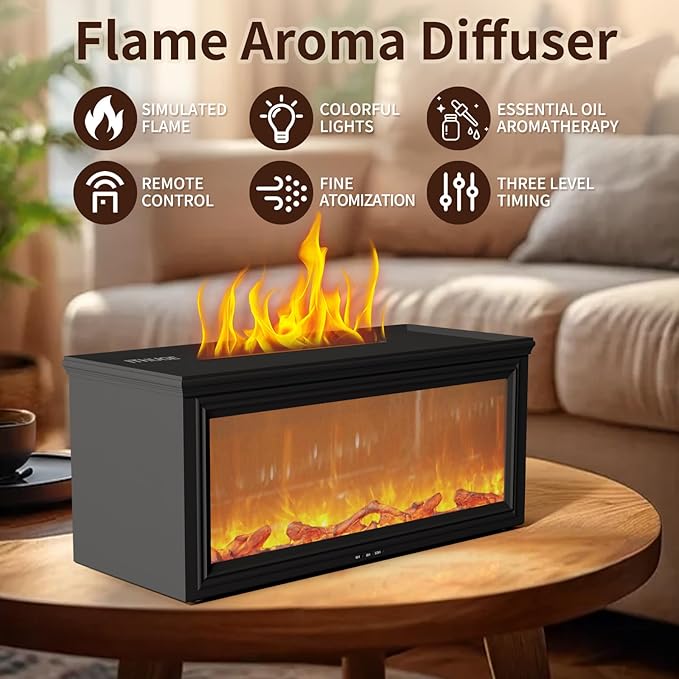 Fireplace Flame Air Aromatherapy Diffuser,7 Colors Aromatherapy Essential Oil Diffuser,280ml Ultrasonic Aroma Humidifier with Timer for Home,Bedroom,Office,Yoga (HY-05W)