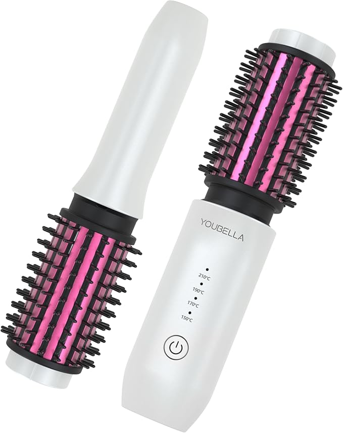 Youbella Cordless Hair Curling Iron Brush, Mini Travel Hot Straightener Comb, 3-in-1 Portable Wave Curling Wand, 1.5″ Ionic Heated Brush, USB Rechargeable Hair Curler, White – No Automatic Rotation