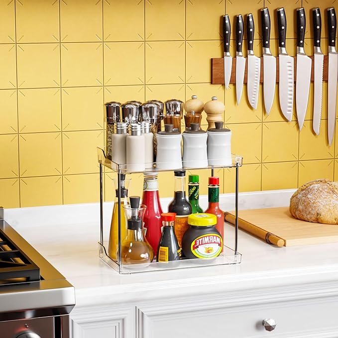 Yieach Clear Acrylic Bathroom Counter Organizers and Storage Tray, 2 Tier Makeup,Perfume,Skincare Organizer Shelf & Vanity Storage for Bedroom and Counter Top Spice Racks for Kitchen Corner,Rectangle