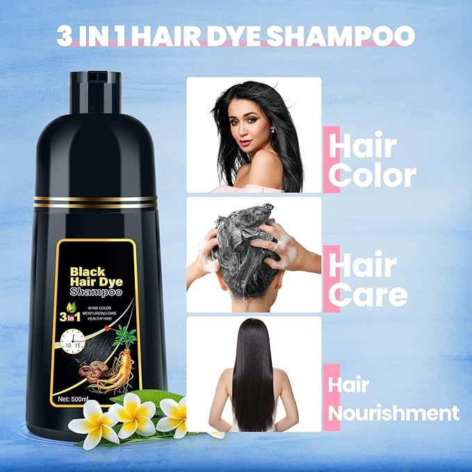 IIIMEIDU Hair Dye Shampoo for Gray Hair Coverage, 3 in 1 Natural Black Dye for Women Men, 500ml