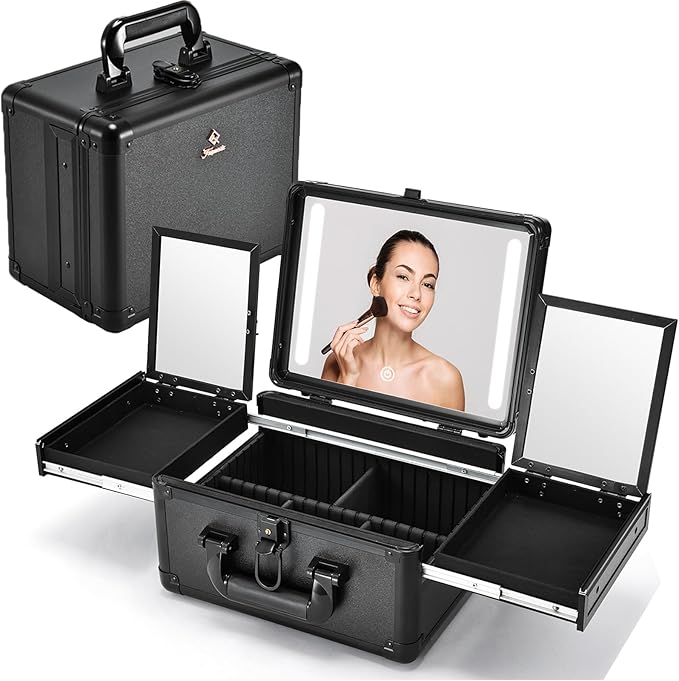 Makeup Case With LED Lighted Mirror 11.2 Inch Travel Makeup Train Case Adjustable Brightness in 3 Colors Cosmetic Organizer Artist Storage Box 2 Trays with Dividers Hard Make Up Vanity Black