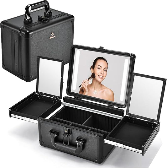 Makeup Case With LED Lighted Mirror 11.2 Inch Travel Makeup Train Case Adjustable Brightness in 3 Colors Cosmetic Organizer Artist Storage Box 2 Trays with Dividers Hard Make Up Vanity Black