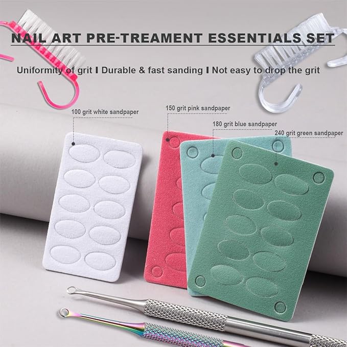 Pre-treatment Cuticle Pusher, Russian Prep Nail Pushers, Dual Ended Cuticle Remover with 100/180 Grit Sandpaper Sheets, Nail Care for Manicure Pedicure Nail Art