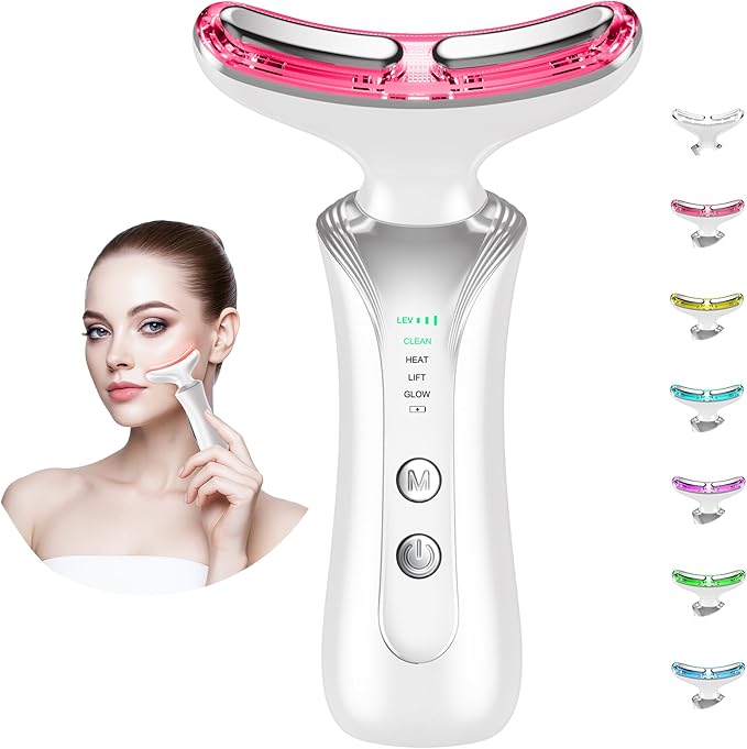 7 in 1 Multifunctional Facial Massager, Red Light Therapy for Face with 7 Modes, Face Lift Device, Portable Facial Massager for Wrinkles,Neck&Skin Care-White