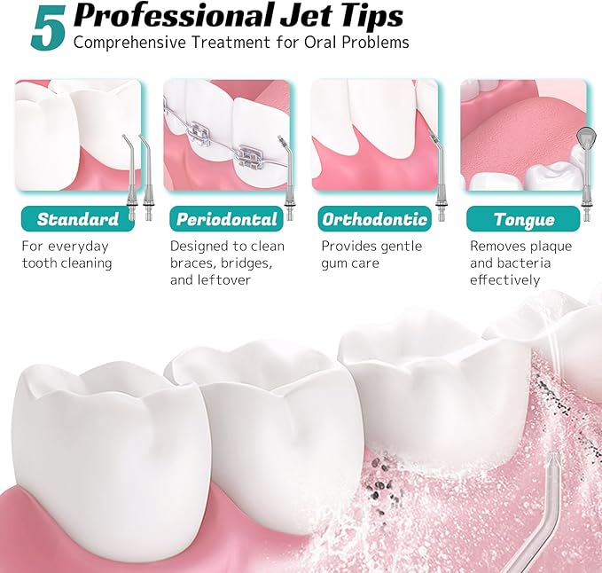 Water Dental Flosser Cordless Oral Irrigator with 300ml 5 Tips 4 Modes USBCharger Portable Travle Irrigation Cleaner IPX7 Electric Irrigador Dental for Teeth Cleaning (White)