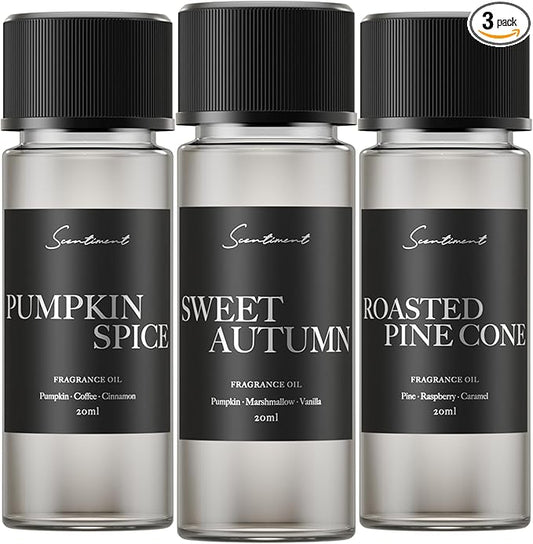 Scentiment Fall Diffuser Oil Discovery Kits - Top 3 Fall Scents | Aromatherapy Home Fragrance | Luxurious Scent with Notes of Sweet Autumn, Pumpkin Spice, Roasted Pine Cone, 20ml
