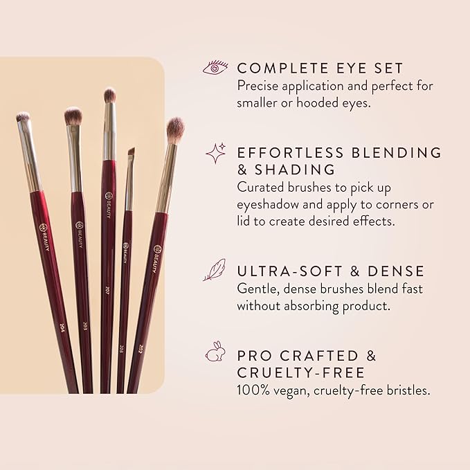 BK BEAUTY - BRUSH SET FOR HOODED OR SMALLER EYES (5PC) - Eyeshadow Brush Set for Blending, Smudging & Defining Eyeshadow and Eyeliner | Premium Eye Makeup Brushes for Precise Application