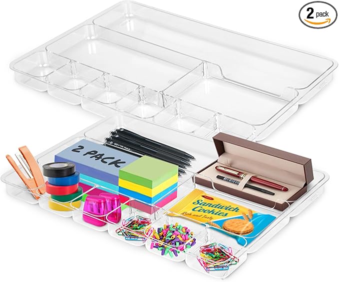 Manaloom Desk Drawer Organizer Tray with 9 Storage Compartments - For Home and Office - Drawer Organizers Office, Perfect Organizing Pens, Pencils, Paper Clips, Sticky Notes - Clear - 2 Pack