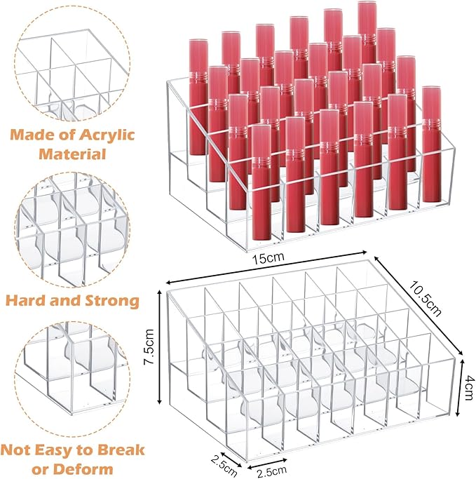 4 Pack Acrylic Lipstick Holder Organizer, 24 Slot Clear Lip Gloss Holder, Lipstick Display Stand for Lipsticks, Lip Balms, Makeup Brushes & Nail
