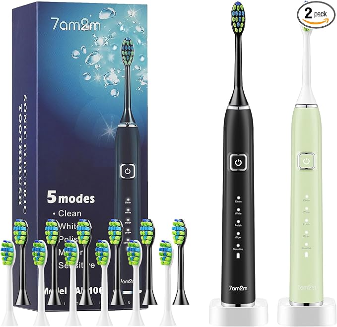 7AM2M Sonic Electric Toothbrush with 6 Brush Heads for Adults and Kids, One Charge for 90 Days, Wireless Fast Charge, 5 Modes with 2 Minutes Built in Smart Timer, Electric Toothbrushes(Green+Black)