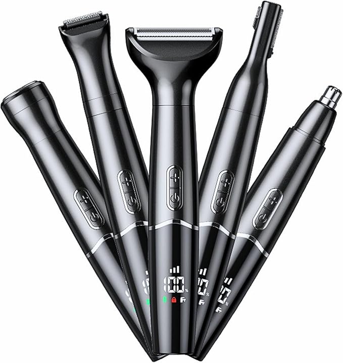 5-in-1 Rechargeable Nose & Ear Hair Trimmer - IPX7 Waterproof Dual Edge Grooming Kit for Men & Women, Perfect for Hair Removal of Nose, Eyebrows, Beard, Bikini, and Facial Hair (Black)