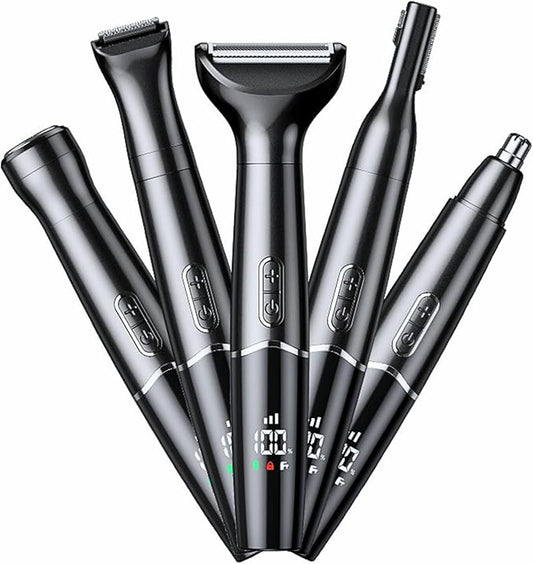 5-in-1 Rechargeable Nose & Ear Hair Trimmer - IPX7 Waterproof Dual Edge Grooming Kit for Men & Women, Perfect for Hair Removal of Nose, Eyebrows, Beard, Bikini, and Facial Hair (Black)