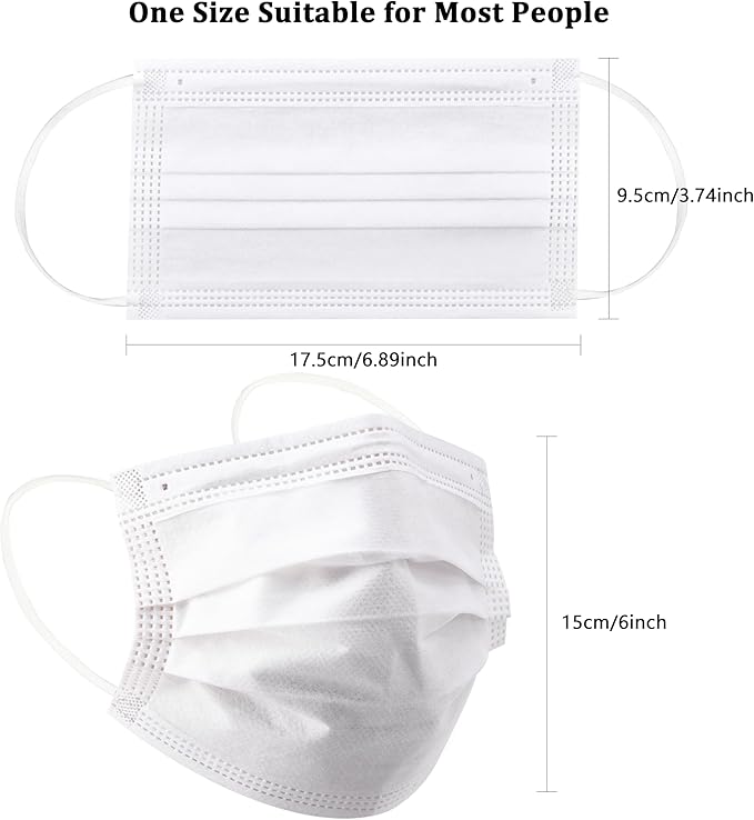 akgk 100PCS White Disposable Face Masks, 3-Ply Breathable White Face Mask For Adults
