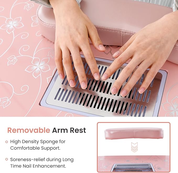 WELLHUT Nail Tech Table Vented Manicure Table w/LED Lamp, Dust Collector, Carry Bag & Soft Cushion, Portable Nail Tables w/Universal Mute Wheels for Nail Lovers Home Spa Beauty Salon