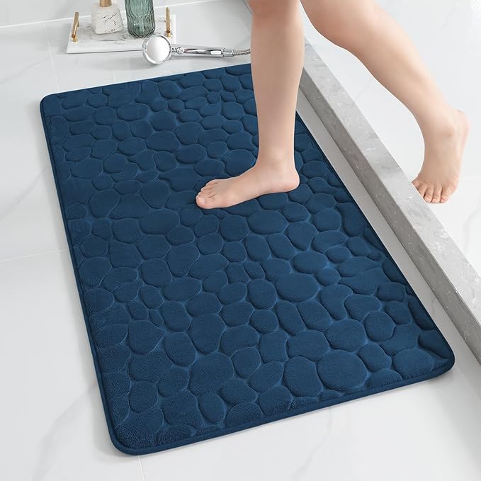 YIHOUSE Memory Foam Runner Rug, Cobblestone Bathroom Runner Rugs Super Water Absorbent Bath Mats for Bathroom Machine Washable Bath Rugs for Hallway Bedroom Laundry Room(24 x 47,Dark Blue)
