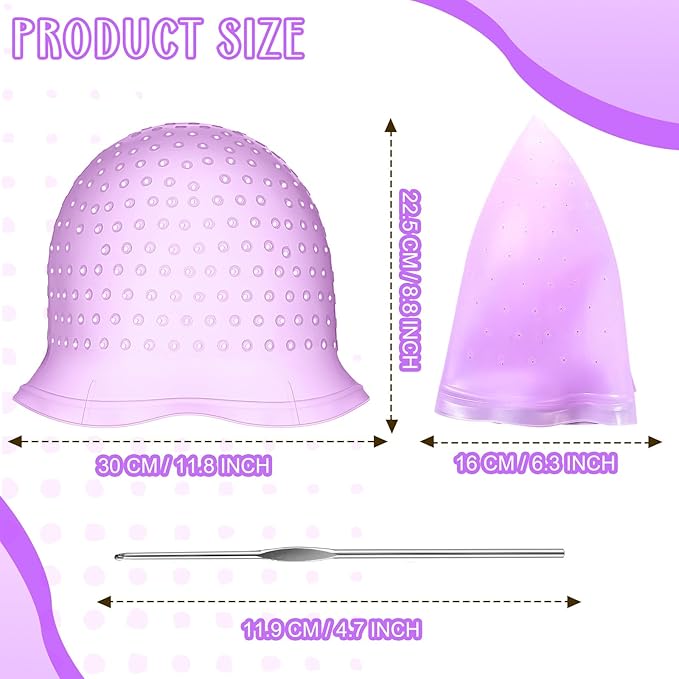 Jexine 2 Pcs Hair Coloring Highlighting Cap Reusable Silicone Highlight Cap with Holes and Hook for Hair Coloring, Frosting, Hairdressing & Highlighting, Salon Tools Kit (Purple)