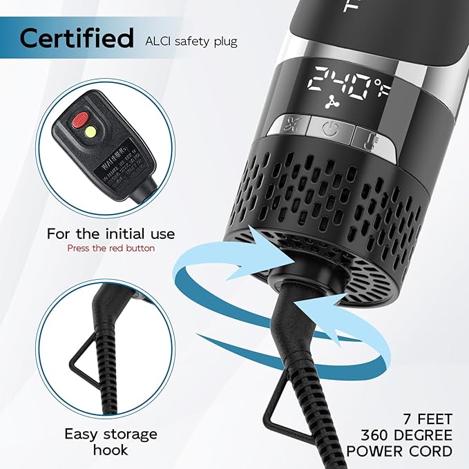 Hair Dryer Brush with Display Screen, Blow Dryer Brush for Women Fast Drying & Styling | Oval Ceramic Barrel, Negative Ion Technology, 3 Heat & 3 Speed Settings, Cold Shot, ALCI Plug (Black & Silver)